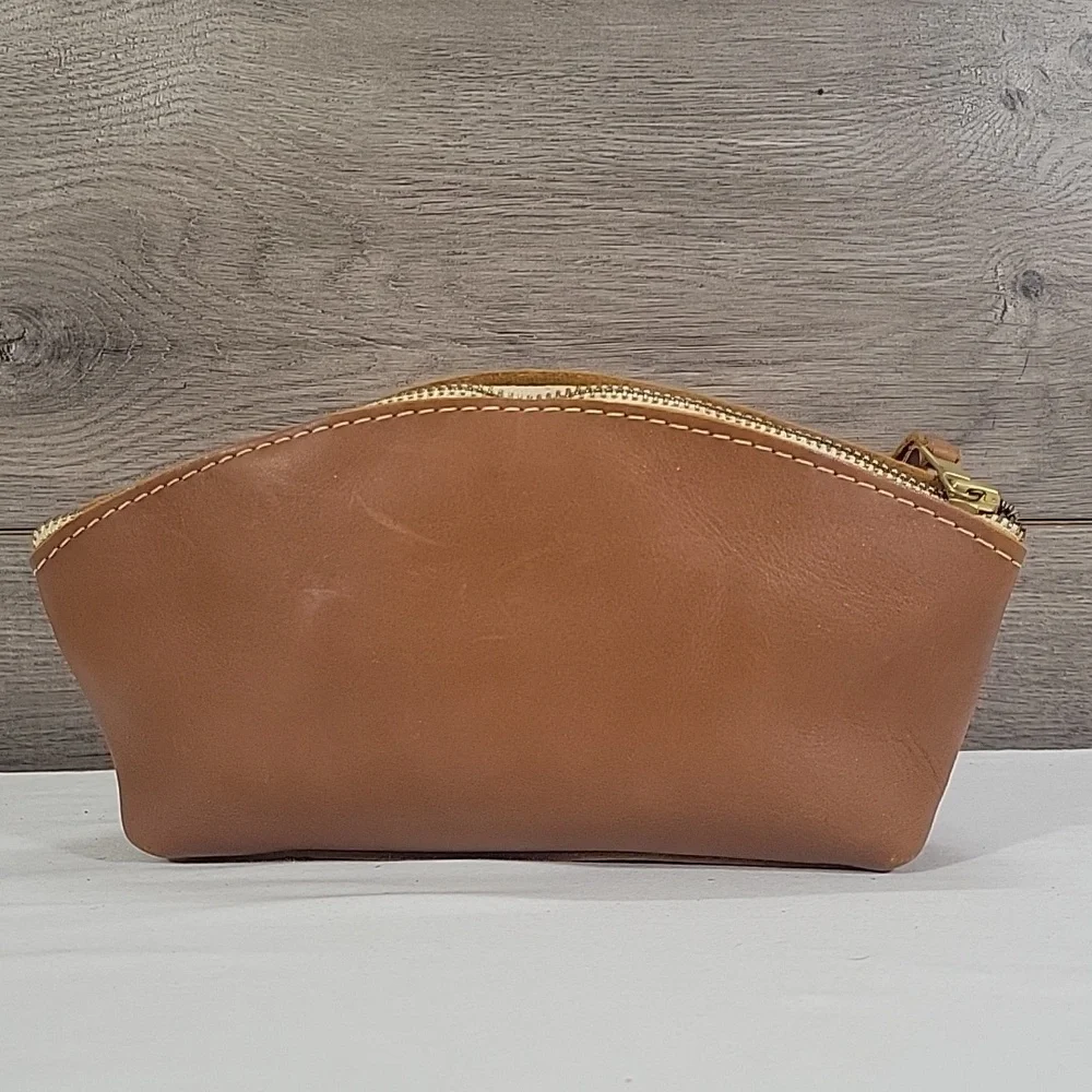 Portland Leather Goods Cognac Brown Cosmetic Make-up Zip Pouch Bag